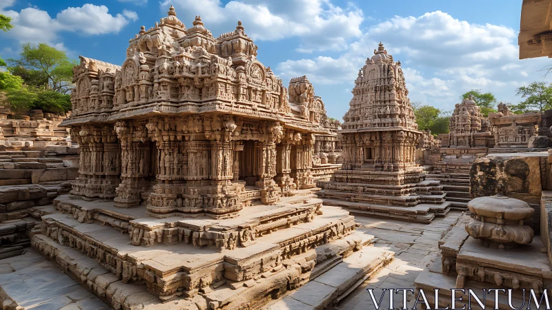 Photorealistic sandstone temple complex with stepped plinths.