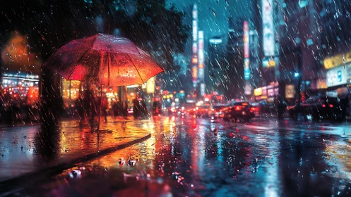 Red umbrella drifting through neon rainstorm city glow.