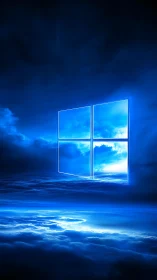 Glowing blue window logo floating above luminous clouds.
