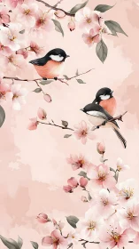 Two songbirds perch on cherry blossom branches in soft pink