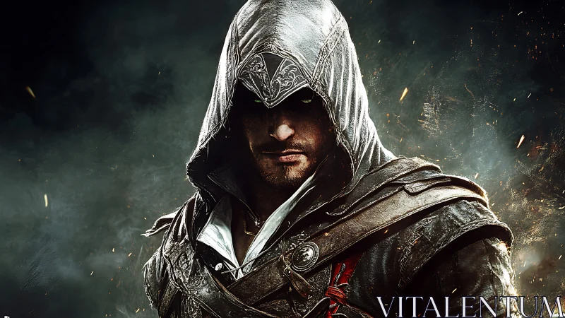 Hooded rogue steps from the shadows in glowing embers.