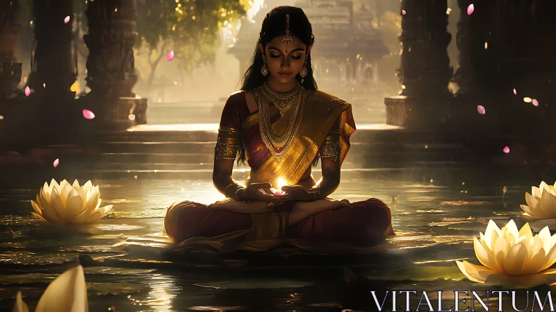 Woman in lotus pose holds light within reflective water pool