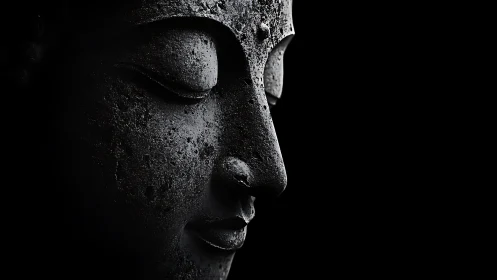 Serene stone Buddha profile emerges from deep shadowed black.