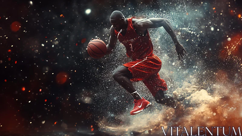 Basketball player sprints through explosive particle storm.