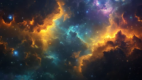 Multicolored nebula glows with high-contrast volumetric lighting