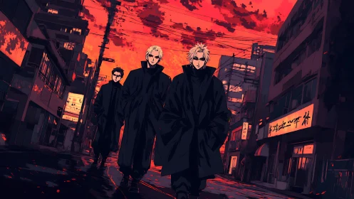 Three dark-coated figures walk through neon dusk city street