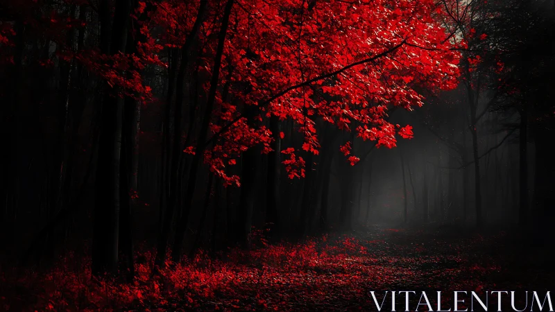 Crimson Forest Path Through Autumn Mist.