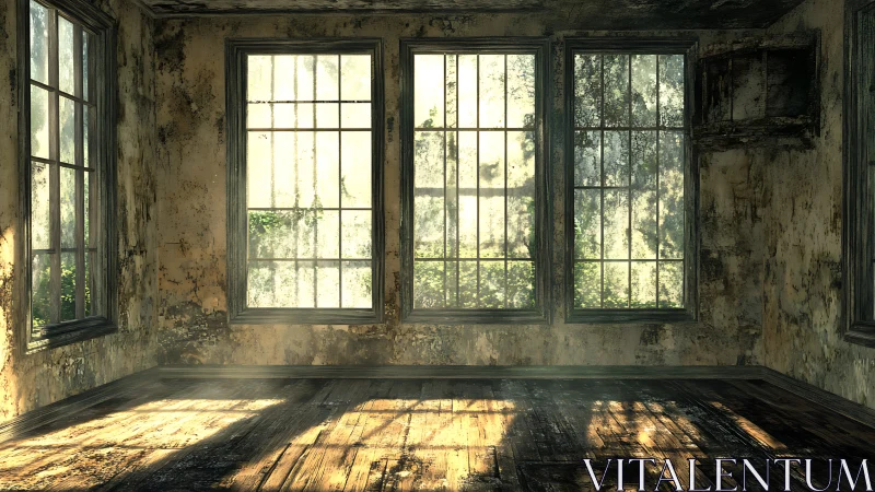 Sun-dusted abandoned room where memory and moss linger.