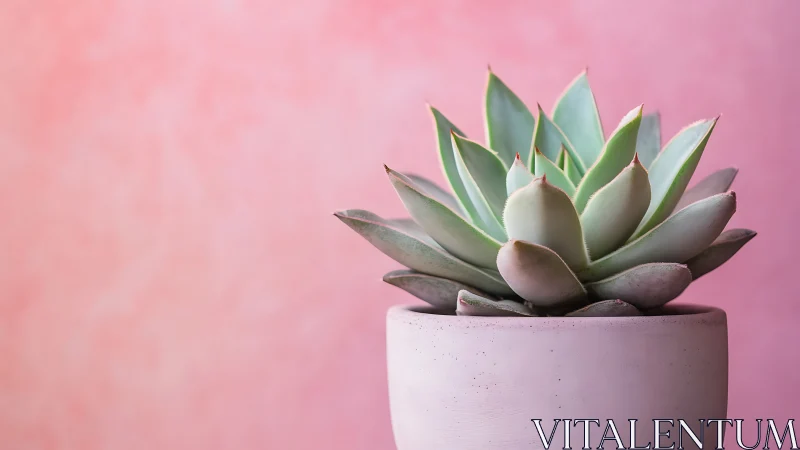 Soft green succulent in a blush pink pot on pastel backdrop.
