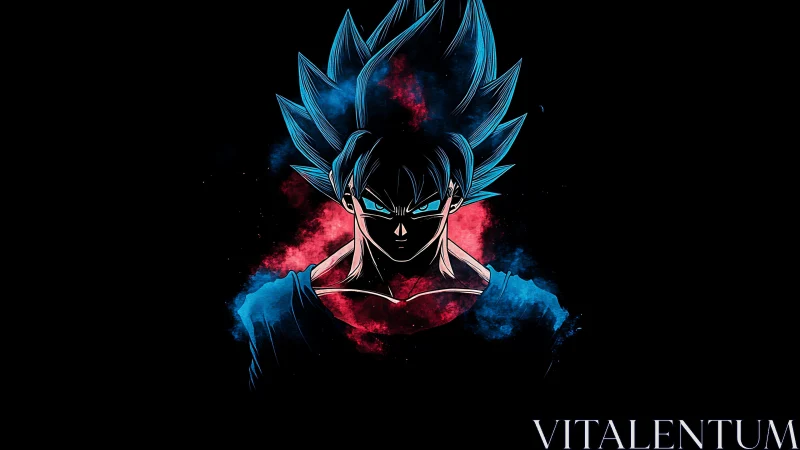 Stylized blue-haired anime figure is centered against black