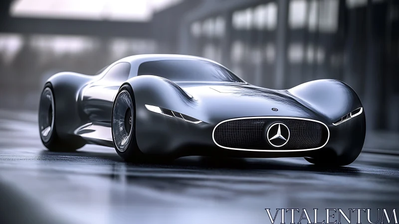 Sleek Mercedes concept car on wet urban roadway.
