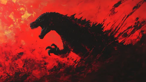 Infernal Kaiju Silhouette Roaring Through a Bloodred Sky.