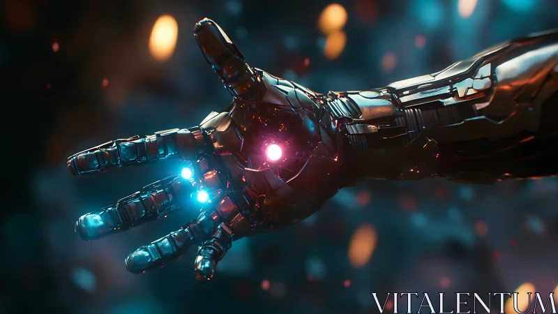 Cybernetic hand casting neon orbs in drifting starlight.