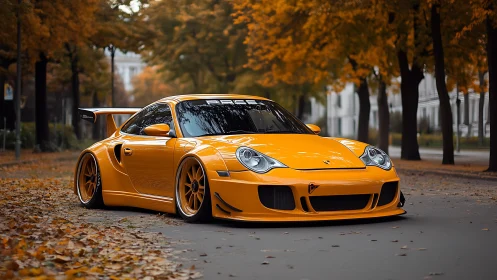 Orange widebody sports car on autumn city avenue at dusk.