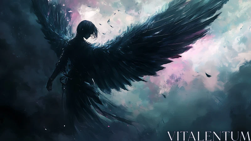 Dark winged angel rises through stormlit pastel sky.