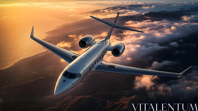 Sunset jet carves molten sky above rugged coastal clouds.