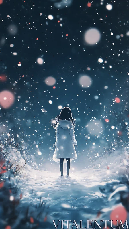 Anime nocturne snowfall with solitary figure under bokeh sky.