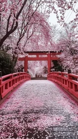 Red bridge and torii under dense cherry blossoms in spring.