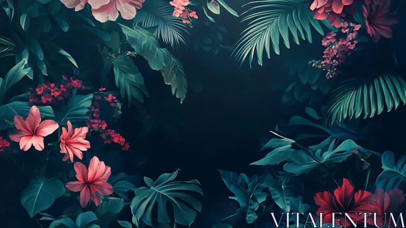 Tropical Garden Frame with Pink Flowers and Teal Foliage.