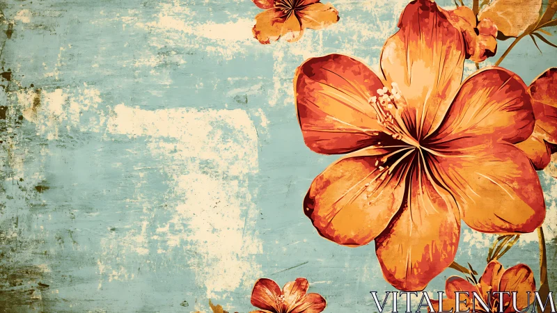 Orange hibiscus illustration on distressed blue background.