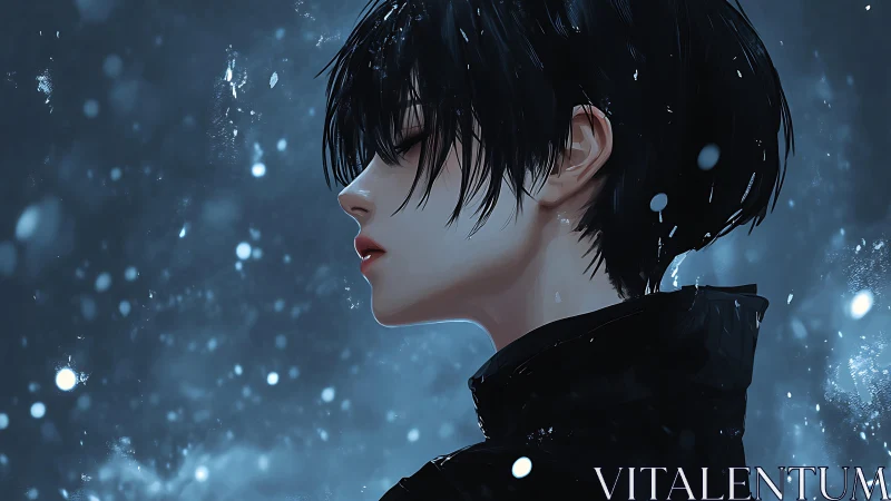 Solitary youth in profile stands under quiet winter snowfall