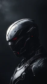 Silent chrome sentinel in shadowed futuristic armor.