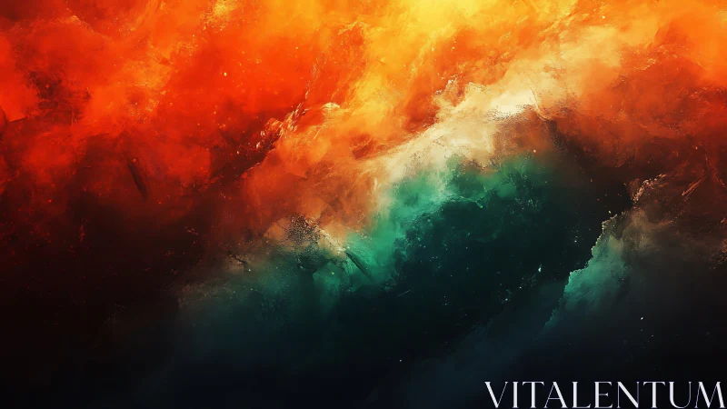 Fiery nebula clouds collide with emerald cosmic waves.