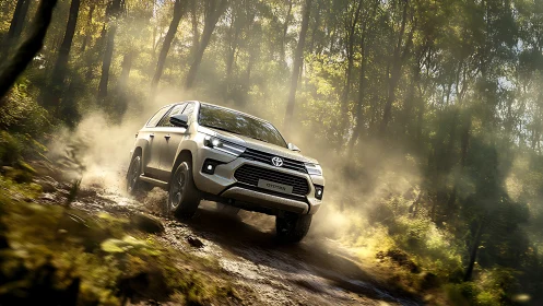 Silver SUV off-road on muddy forest trail with motion dust plume