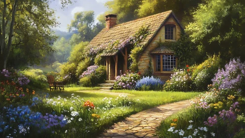 Sunlit cottage cradled in a wildflower daydream garden.