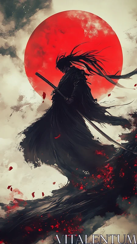 Silhouetted samurai stands before red sun with dynamic ink-like motion