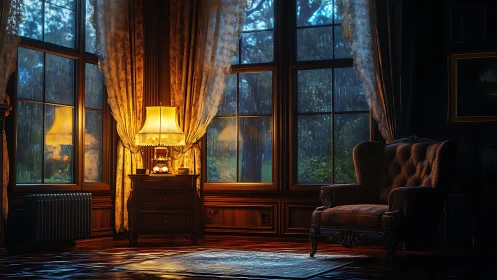 Rainlit study corner with vintage armchair and lamp.