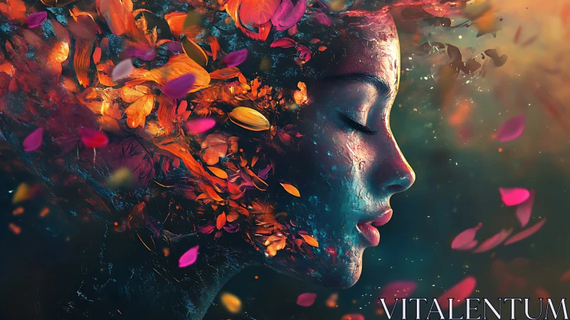 Profile portrait merges floral particles with luminescent facial texture