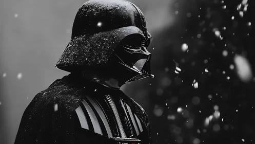 Brooding dark-helmeted figure under drifting winter starlight.