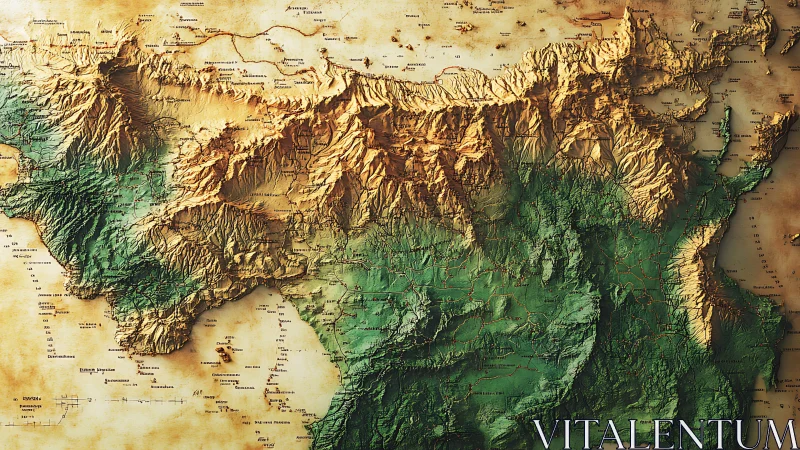 Tactile relief map renders mountainous terrain with shaded hypsometry