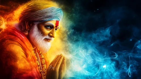 Mystic elder portrait merges warm aura with cool ethereal smoke