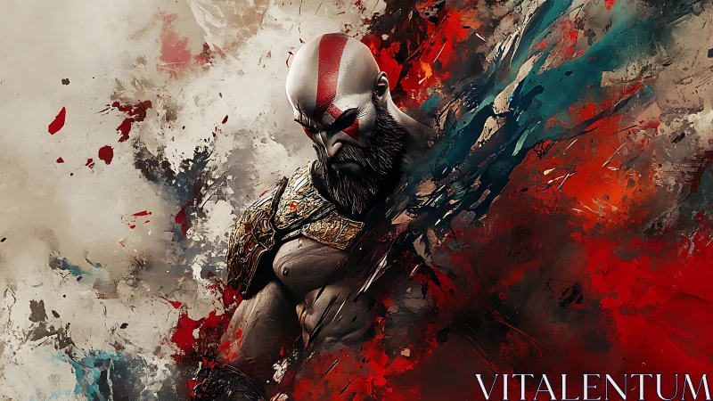 Warrior portrait within dynamic abstract color field.