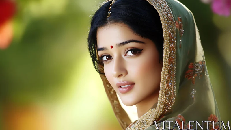 Soft gaze beneath an embroidered green dupatta, glowing quietly.