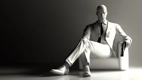 Calm figure in white suit holding steady shadows and silence.