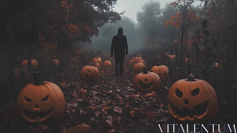 Fog-drenched forest path with carved Jack-o-lantern arrayed symmetrically.