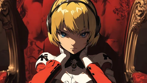 Cybernetic blonde operator in red throne-lit command pose.