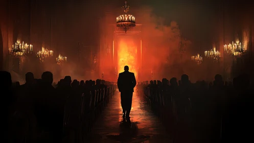 Solitary figure strides through a burning ceremonial hall