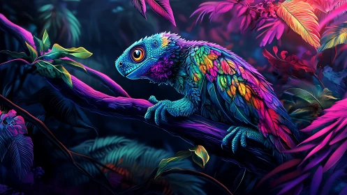 Neon rainforest lizard rendered as luminous digital painting.