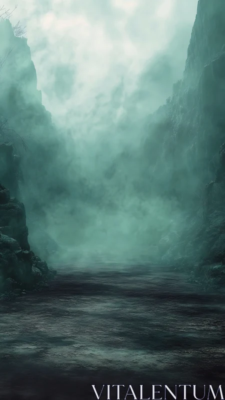 Fog-dense rocky ravine with low-contrast atmospheric perspective