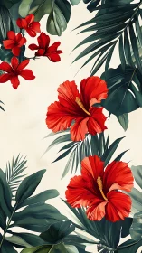 Red Hibiscus Flowers with Dark Green Foliage on Cream Background