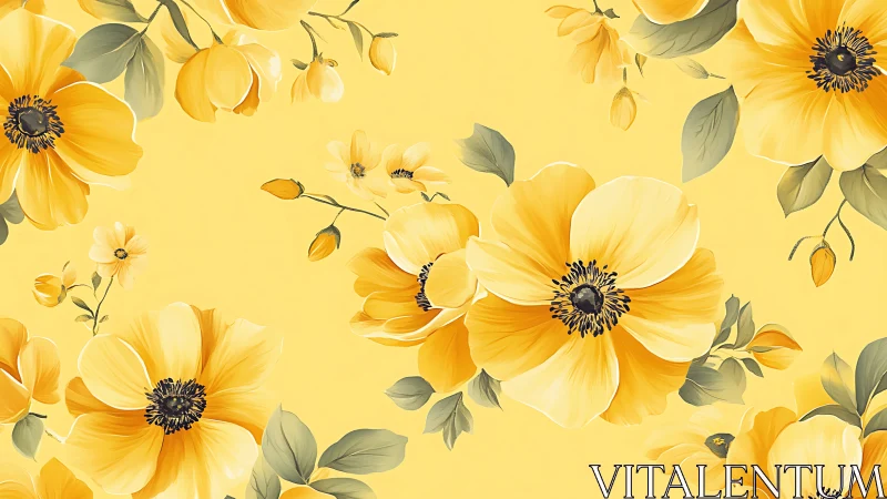 Yellow Flowers with Green Leaves on Soft Yellow Background