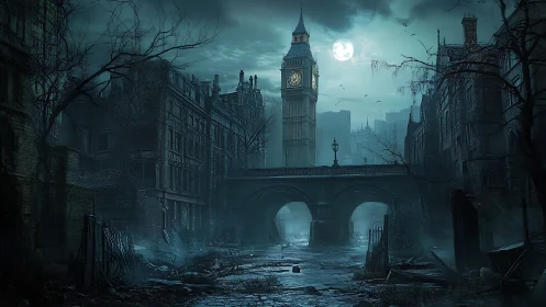 Post-apocalyptic London street rendered in nocturnal blue haze