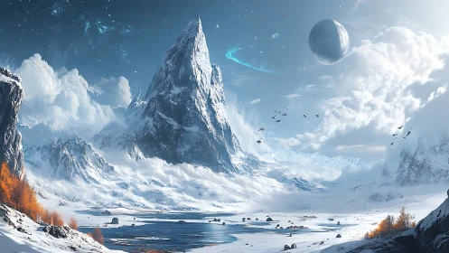 Colossal ice peak dominates alien winter valley sky.