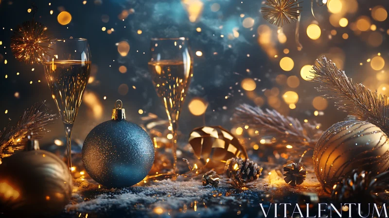 Bokeh-rich festive still life with baubles and flutes aglow.