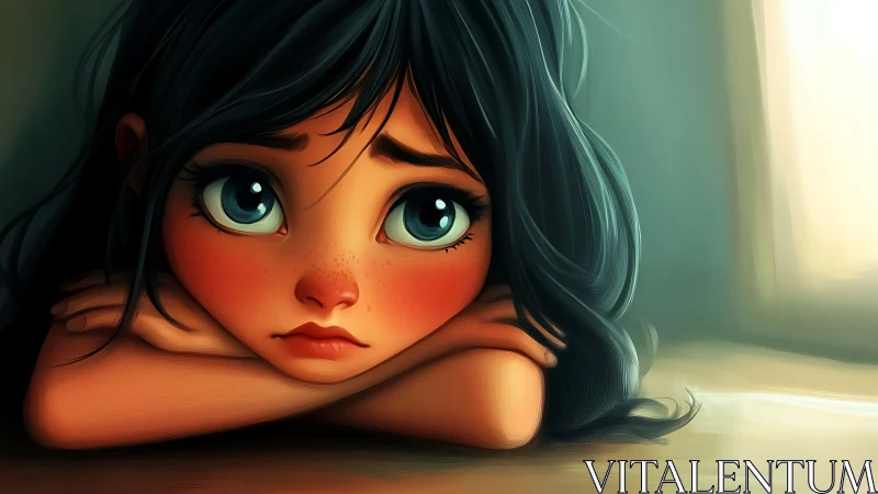 Digital painting of wistful girl with oversized expressive eyes.