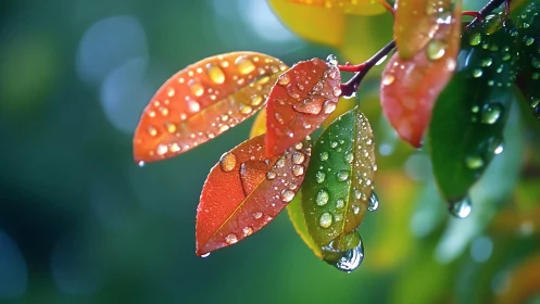 Raindrops cling to colorful leaves in soft morning light